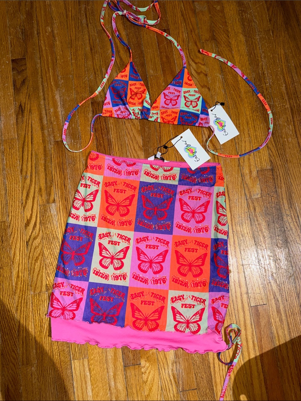 NWT Easy Tiger Butterfly Bikini Mesh Skirt Set S/M Ibiza